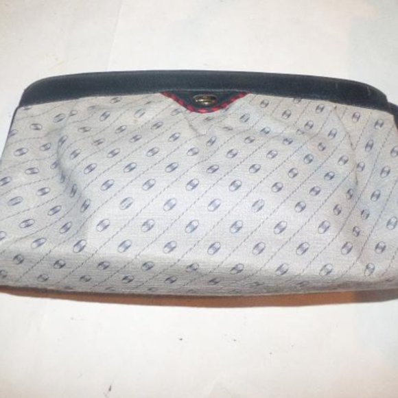 Gucci Vintage Blue Leather Coated Canvas Red Accents Clutch Bag - Picture 1 of 12
